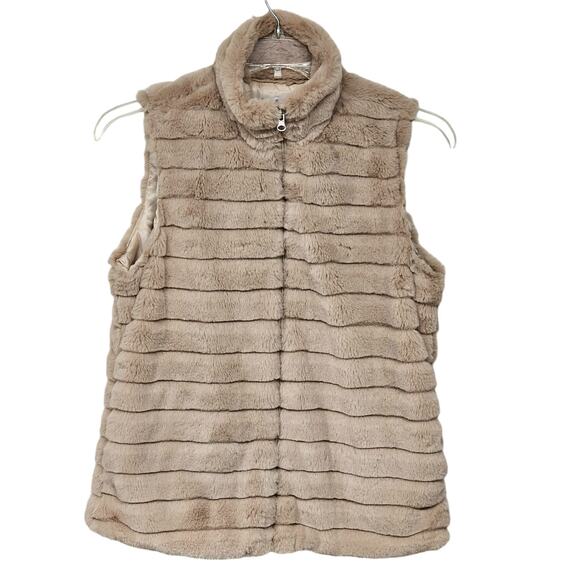 Katydid Womens Faux Fur Vest Sz Small Zip Front Mock Neck Glam Mob Wife Neutral - Picture 1 of 6